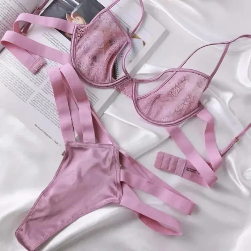 Set Bra Renda Ultra Nipis dan Seluar Dalam Seluar Dalam Seluar Dalam Seksi Godaan Perspektif Set Bra Lihat Melalui Seksi Bra Perancis Merah Jambu 2025