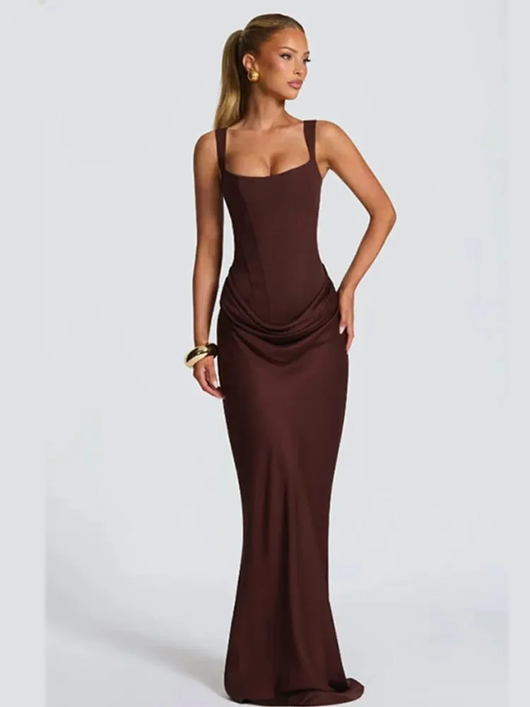 Women Pleated Sleeveless Maxi Dress Summer Solid Slim Fit Square Neck Corset Style Dresses Flady Fashion Evening Party Gowns — image 2