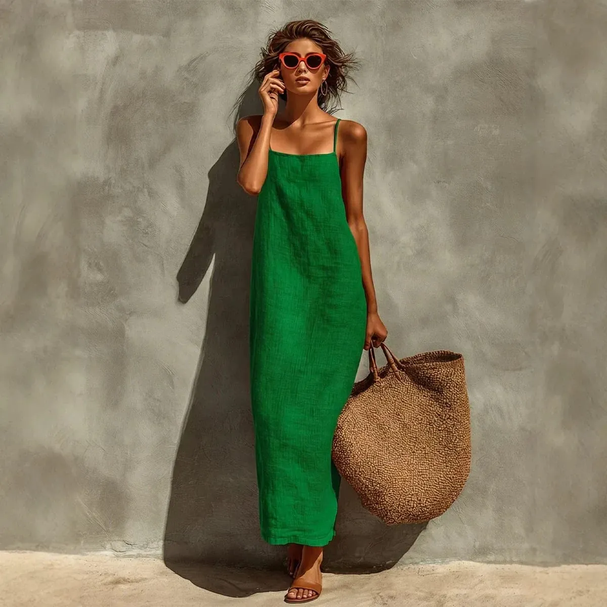 Summer Women Solid Color Casual Comfortable Slip Sundress Sand Beachwear Backless Sleeveless Loose Maxi Long Vacation Dresses