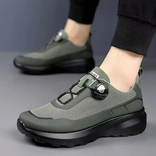 Men's Casual Running Shoes with Rotating Button Black Slip Resistant Thick Sole Outdoor Sports Sneakers for Commuting