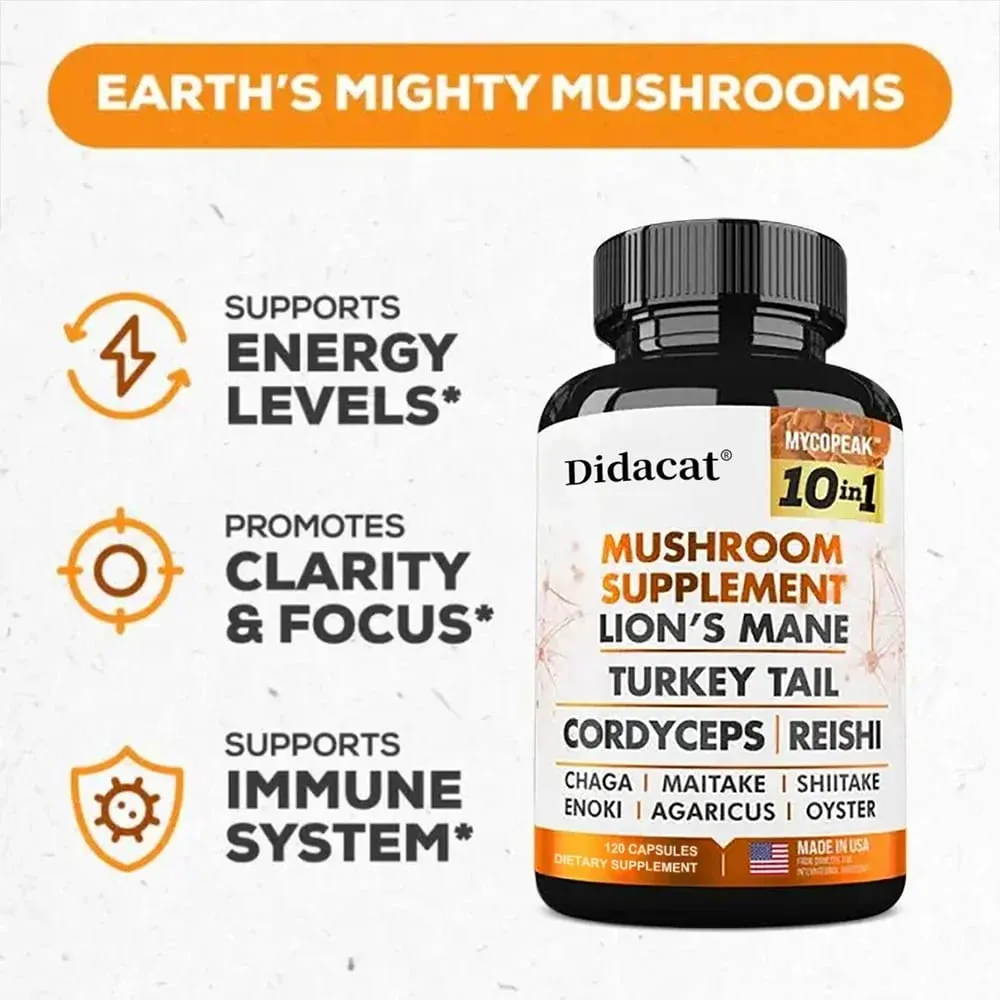 Didacat 10x Mushroom Complex Capsules with Lions Mane Chaga Nootropic Brain Supplement for Memory and Immunity
