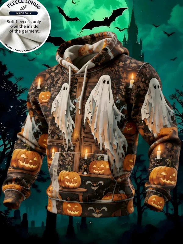3D Print Halloween Fleece Hoodie Ghost Pumpkin Bat Spider Web Candle Graveyard Pullover Long Sleeve Kangaroo Pocket Sweatshirt
