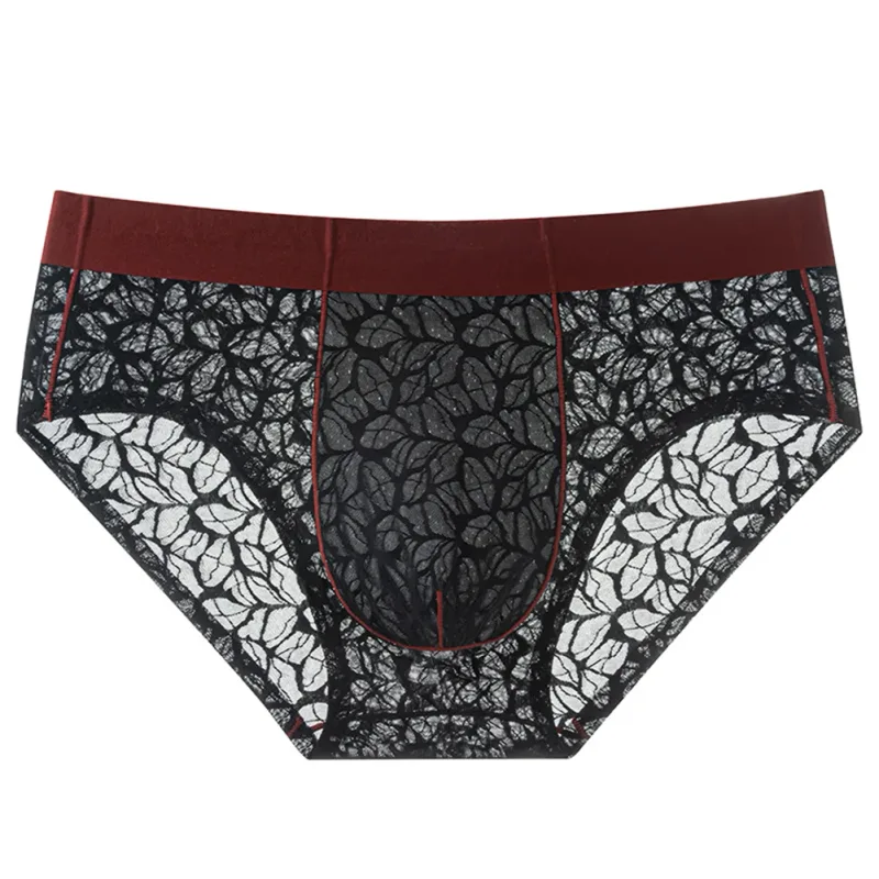 Homens de seda gelo ultra-fino breve roupa interior sem costura renda jacquard respirável pantie 3d bulge bolsa lingerie de malha transparente — image 2