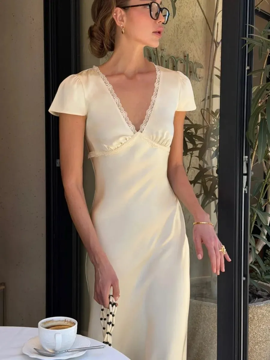 Chic Satin Lace Trim Midi Dress For Women Solid Patchwork Short Sleeve V-neck Summer Dresses 2026 Elegant Summer Holiday Gown — image 5