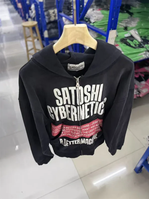 New SN Letter Printed Washed Retro Splashed Ink Zipper Hoodie Street Casual Cotton Loose Versatile Sports Oversize Trendy Top