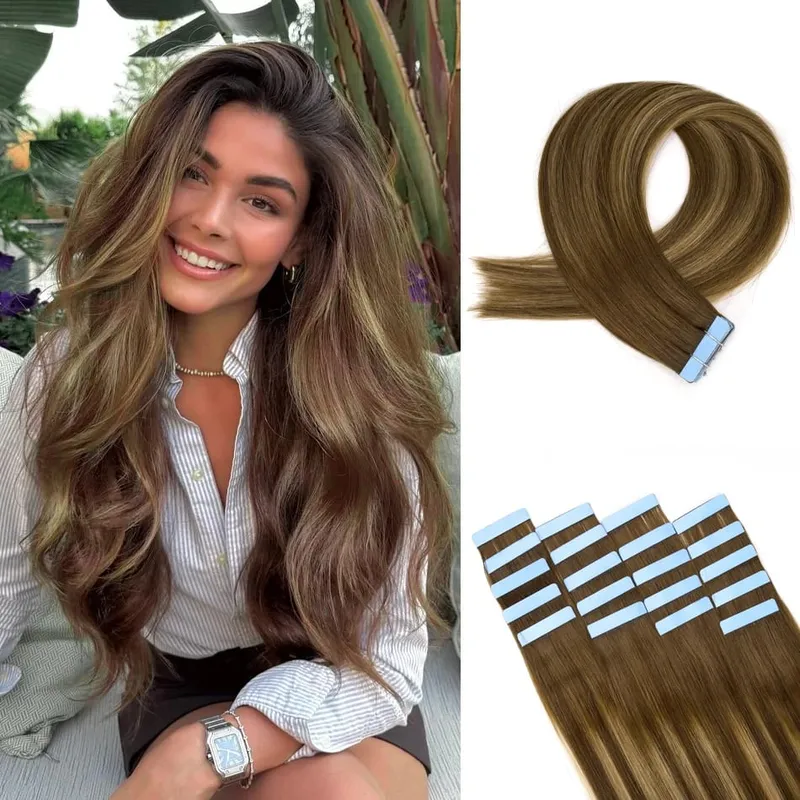 Natural Hair Tape in Extensions 100% Remy Human Hair Extensions Straight Balayage Brown Seamless Glue On Hair For Woman 20pcs