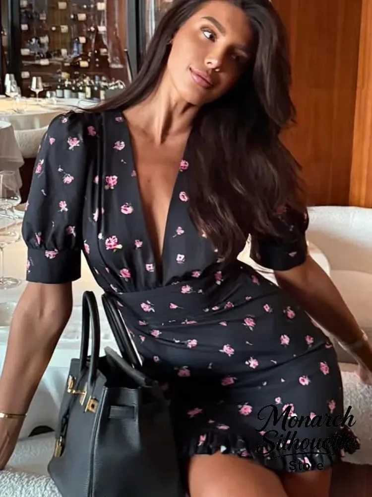 Chic Printed Slim Fit Mini Dress Women Elegant V-neck Puff Short Sleeves Waist Cinching Dresses 2026 Summer Lady Party Robes New — image 4