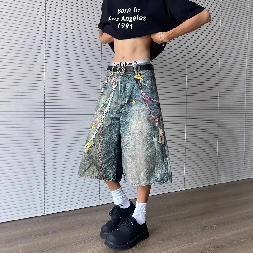 3D Print Baggy Jeans Shorts Men Streetwear Candy Chain Patchwork Summer Wide Leg Casual Loose Knee Length Pants Oversized — image 3