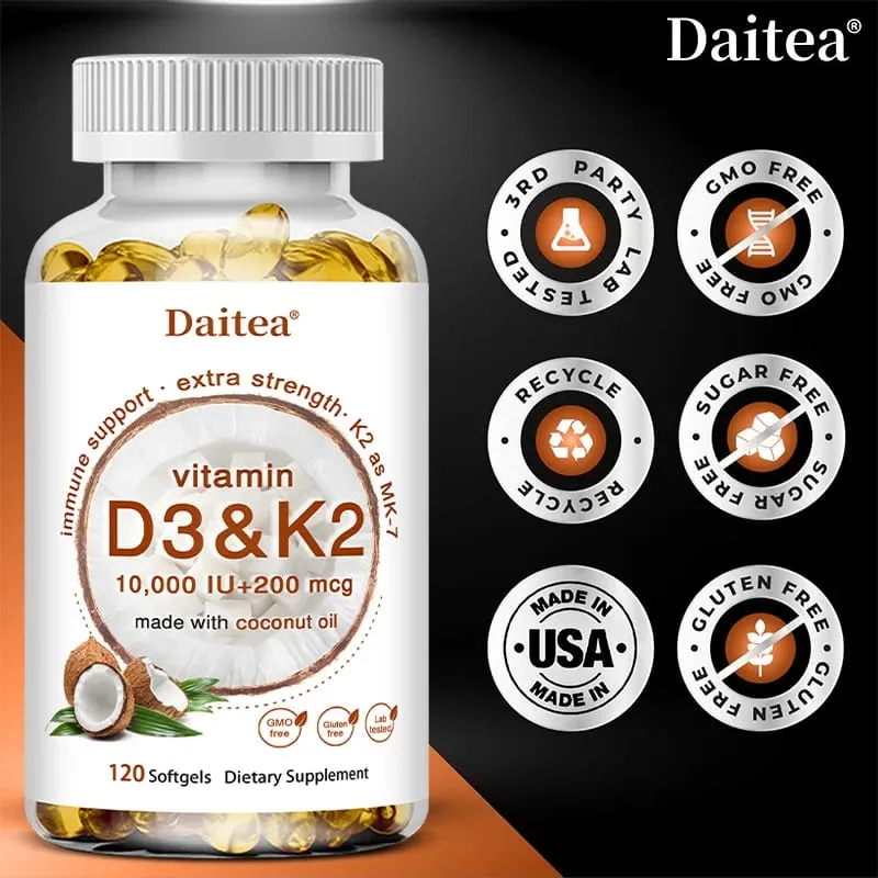 2-in-1 Vitamin D3 K2 Supplement Softgel 10000 IU VIT D3 + 200 MCG Vitamin K2 Support Calcium Absorption in Bones