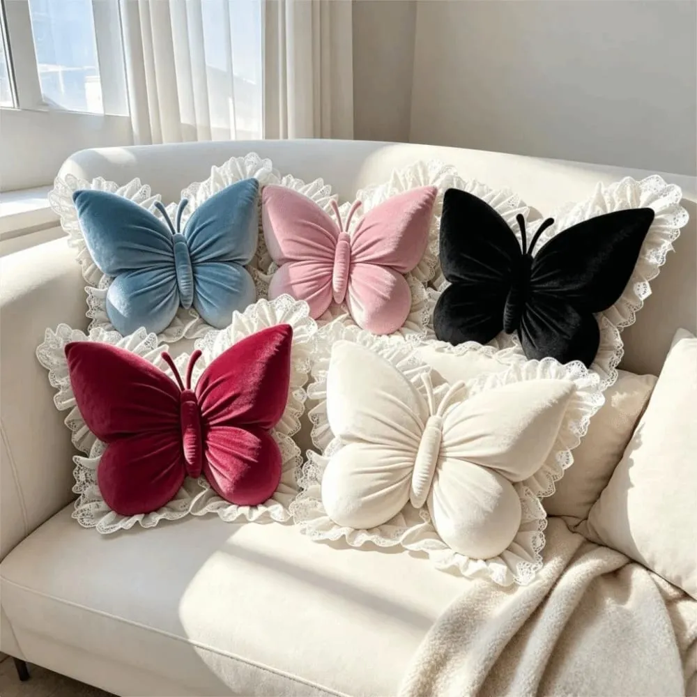 Home Decor Velvet Butterfly Pillow Lace Trim Bow Cushion Soft New Bow Throw Pillow Bedroom — image 3