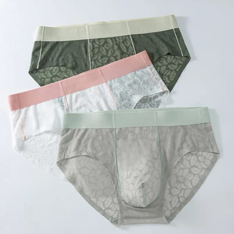 Homens de seda gelo ultra-fino breve roupa interior sem costura renda jacquard respirável pantie 3d bulge bolsa lingerie de malha transparente — image 6