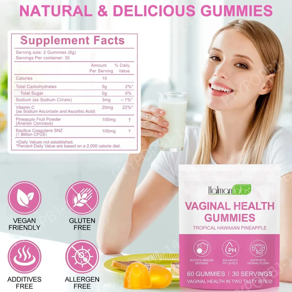 HolmanLabs Vaginal Health Gummies with Vitamin C and Probiotics Supports Vaginal Flora Helps Balance PH Levels 60 Gummies — image 2