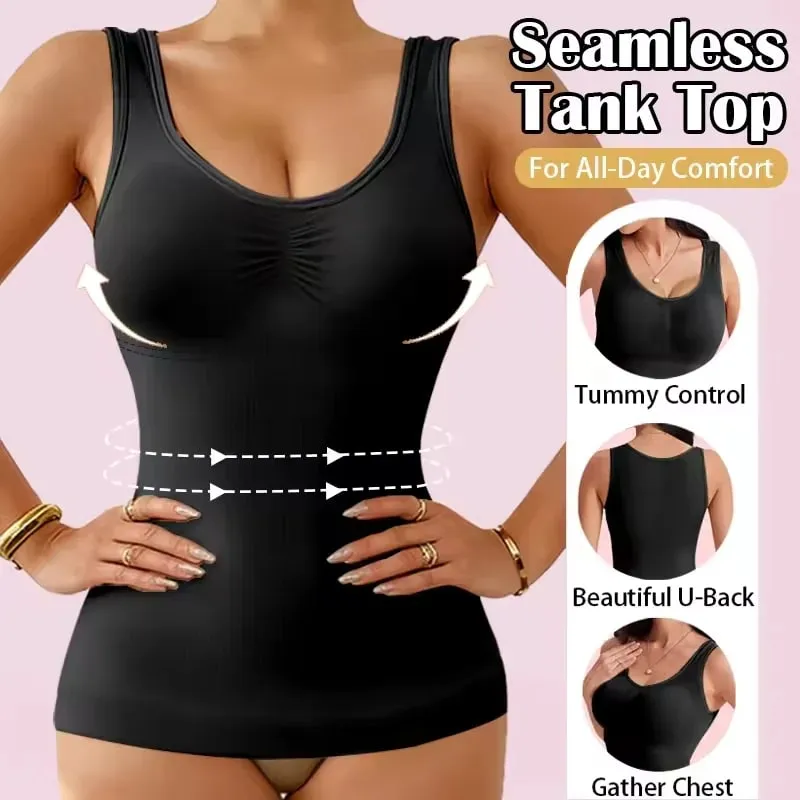 Women Tummy Control Shapewear Classic 2-IN-1 With Padded Bra High Elastic Vest Body Shaper Up Lift Corset Cami Tank Tops 3Colors — image 2