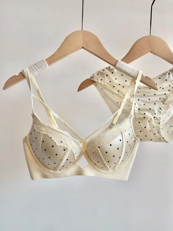 Französisches Spitzen-Push-up-BH-Set, gepunktet, kleine Körbchenformung, süße sexy erotische Dessous, Komfort-Bügel, Damen-Intimbekleidung, S-XL