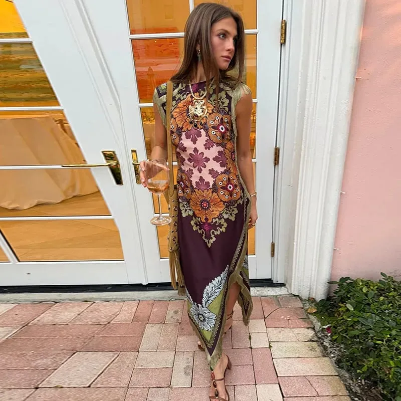 Elegant Printed Women's Dress Fringed Sleeveless Slim Irregular Lady Dresses 2026 Spring Summer Chic Female Holiday Robe