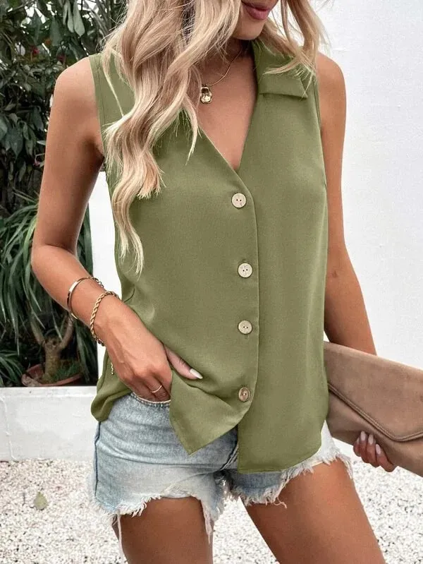 Women's V-Neck Button Chiffon Blouse Summer Lightweight Loose Casual Sleeveless Top Office Lady Solid Color Basic Vest — image 11