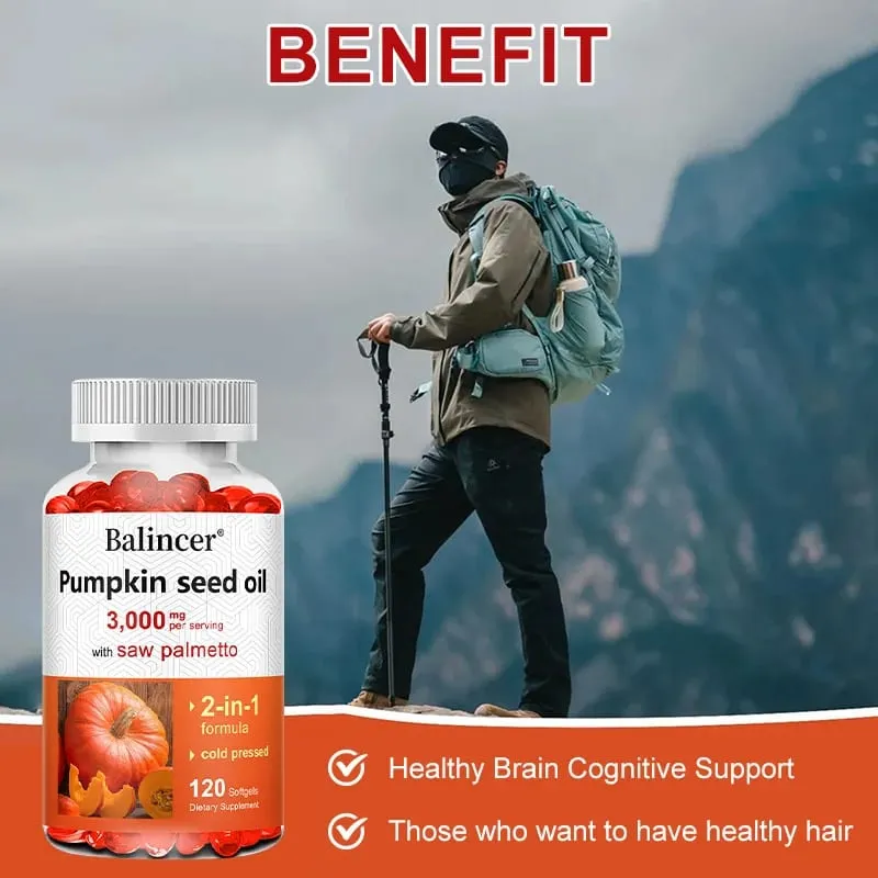 Pumpkin Seed Oil 3 000mg with Saw Palmetto Softgels - Dietary Supplements for Heart Brain Hair & Bladder Health