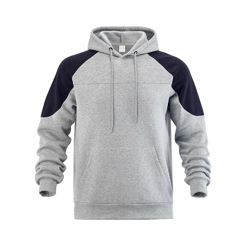 Autumn Winter Men Color Block Raglan Hoodie Textured Chest Panel Drawstring Kangaroo Pocket Loose Casual Streetwear Sweatshirt