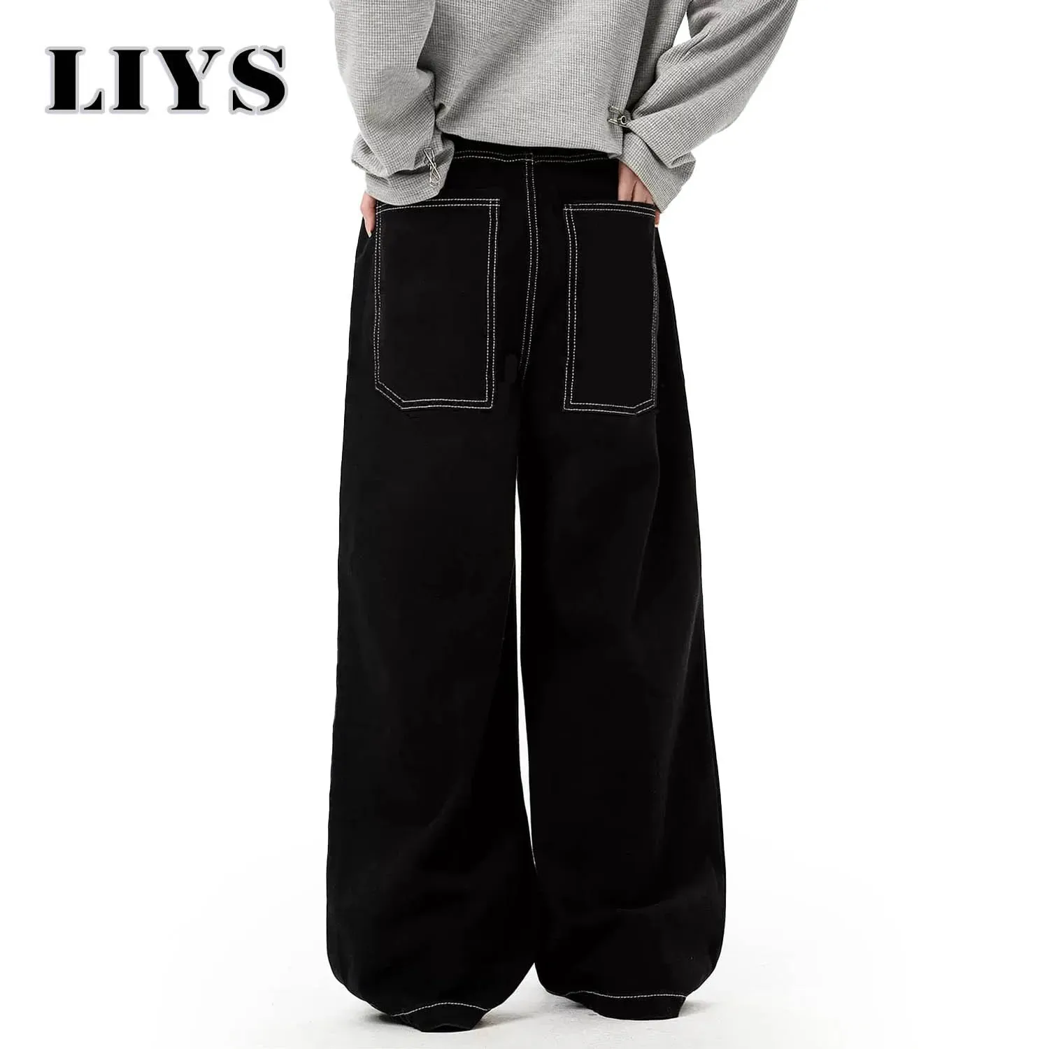 Spring Summer Men's Retro Black Baggy Wide Leg Jeans American Basic Unisex Daily Casual Denim Pants Women's Black Stacked Jeans — image 2