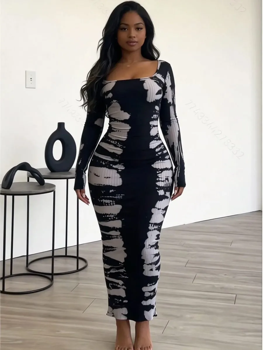 Slim Fit Hip Hugging Long Dress Square Collar Long Sleeves Waist Cinching Figure Show off Square Collar Long Skirt — image 2