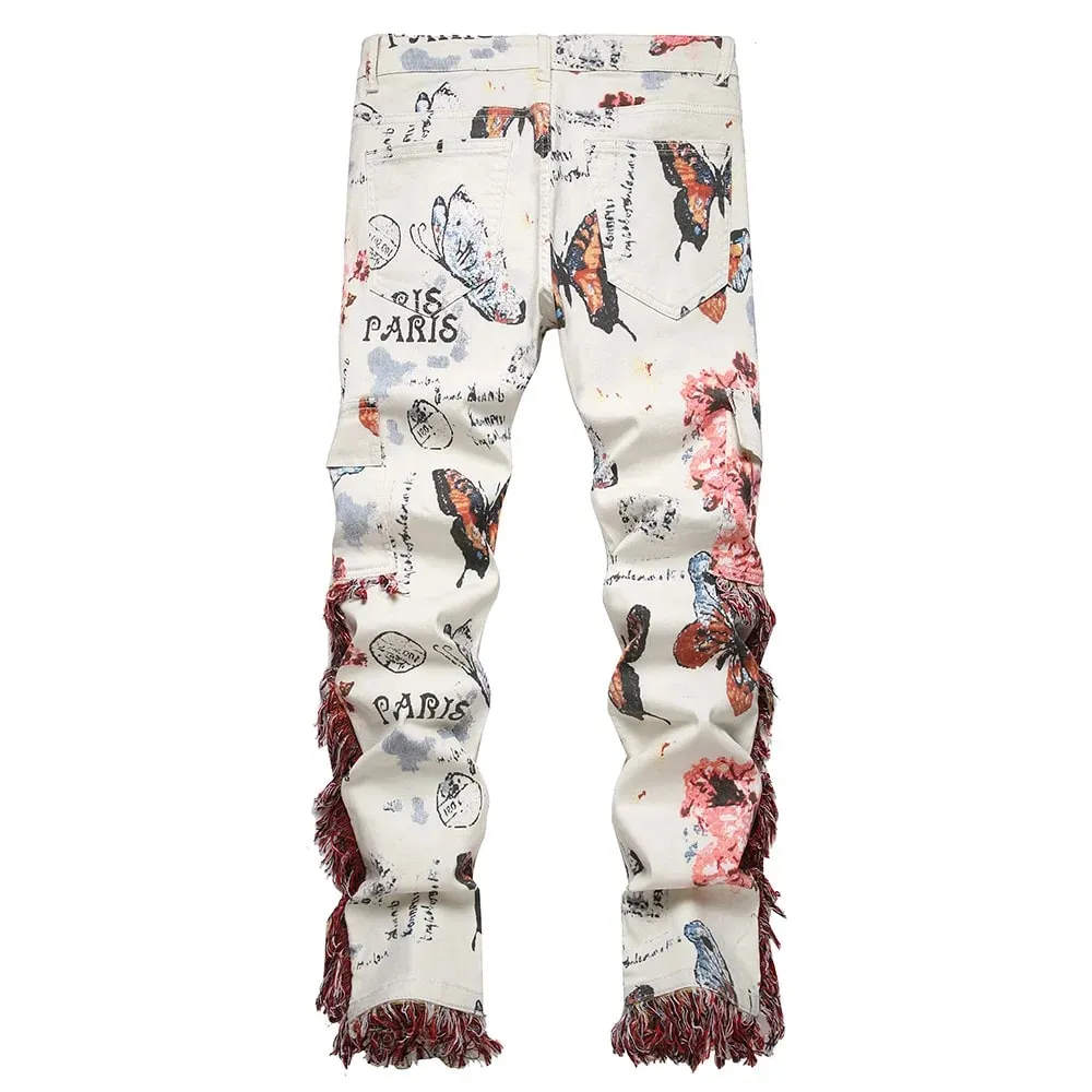 Men Butterfly Print Denim Jeans Flower Pattern White Stretch Cotton Slim Pants Tassels Multi Pockets Cargo Trousers Good Quality