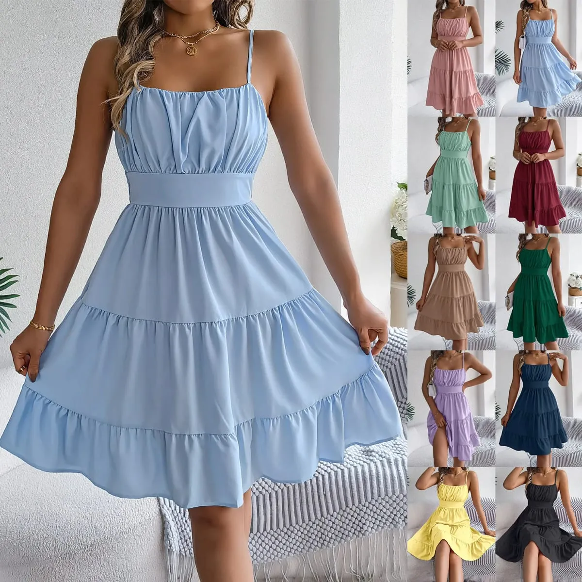 Casual Vacation Ruffled Camisole Dress Spring Summer Women's Solid Dresses For 2026 Valentine's Day Woman Clothing Pink Blue — image 1