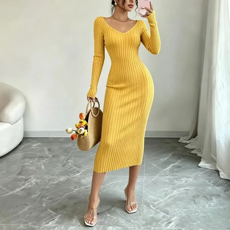 Women Solid Color V‑Neck Ribbed Knit Maxi Sweater Dress Elastic Long Sleeve Bodycon Dress Ladies Casual Party Fashion Dresses