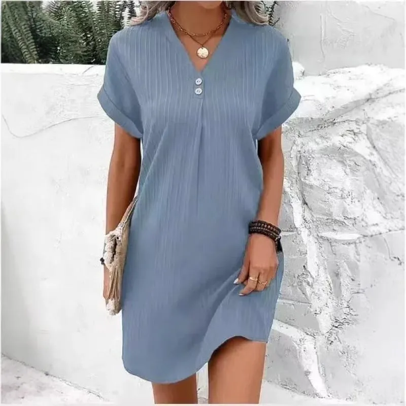 Women's Summer Solid Color Simple Short-Sleeve V-Neck Shirt Dress Comfortable Casual Elegant Loose-Fit Dress with Button Desig