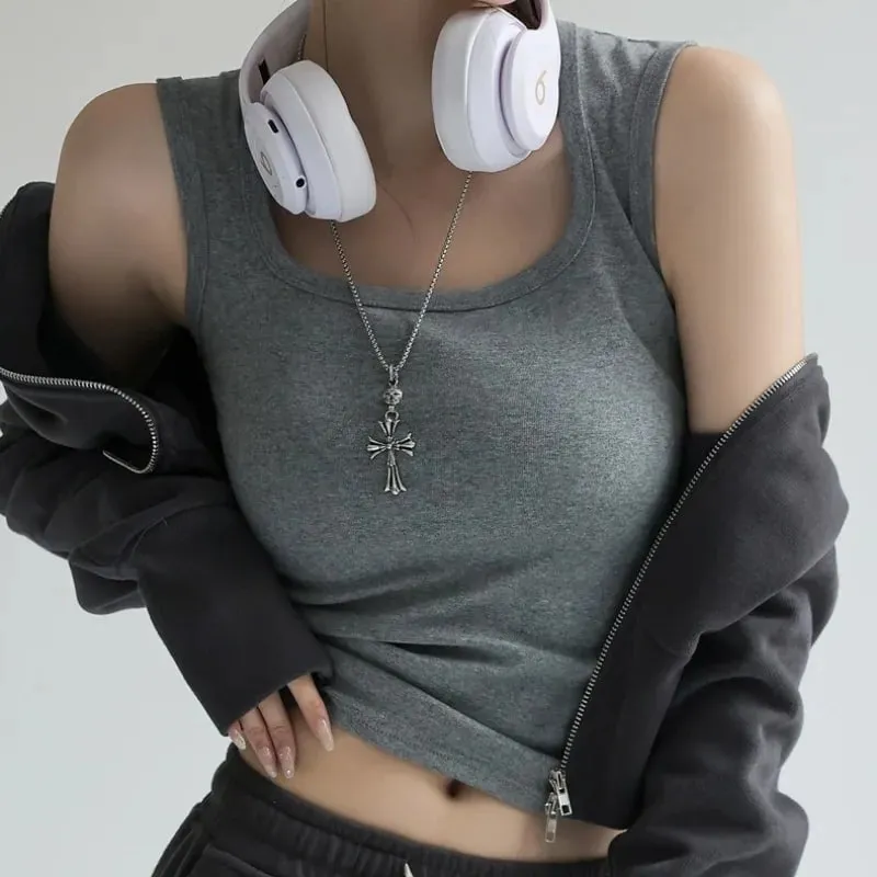 Women's Solid Color Wide Strap U-Neck Sleeveless Tank Top Summer Slim Fit Casual Basic Inner Wear Streetwear Vest