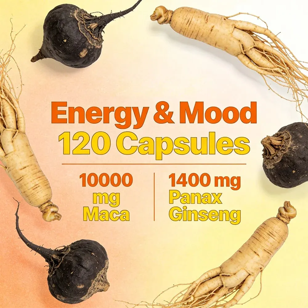 Maca Root Capsules 10000mg with Ginseng Energy Muscle Mood Energy Strength & Men's Health Support Relieve Fatigue