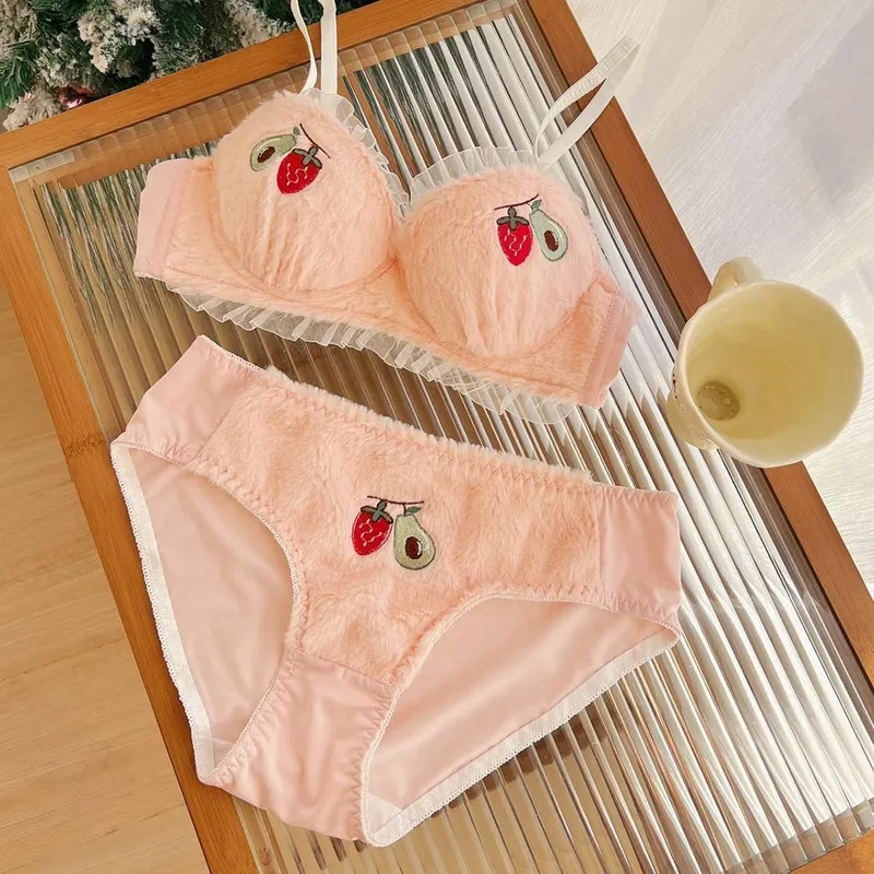 Cute Fruit Embroidery Lace Lingerie Sweet Bras Underpants Underwear Warm Two Piece Sets Sweet Plush Set Sexy Girlfriend Gift