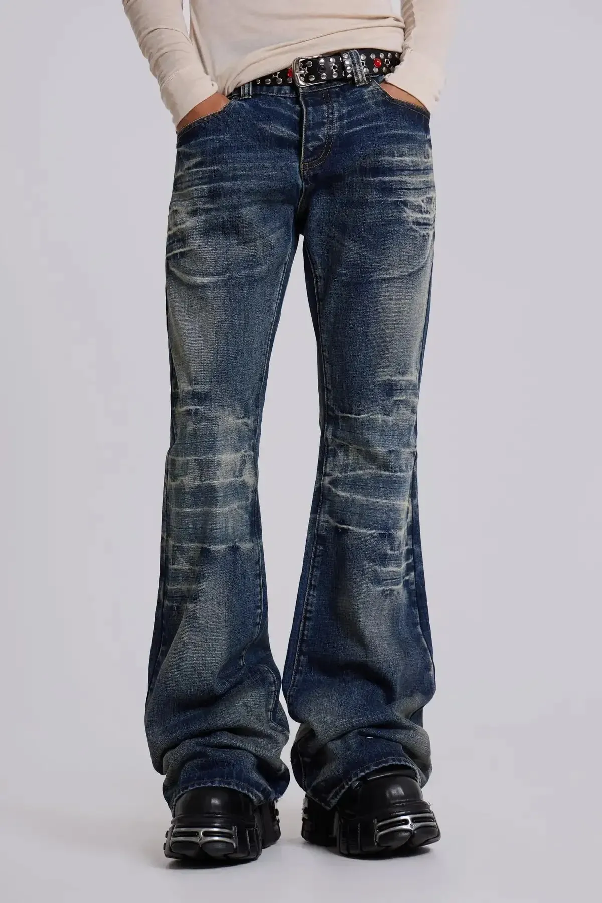 Y2K Mid Blue Flared Jeans Vintage Washed Men Women Bootcut Jeans Gothic High Street Unisex Streetwear Retro Baggy wide leg Pants — image 9