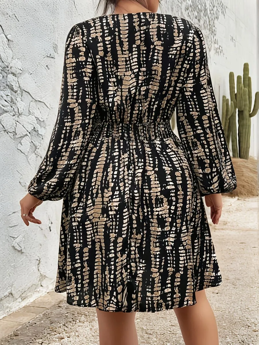 Elegant Directed Cross Neck Pleated Long Sleeve Waist Cinched Floral Print Midi Dress