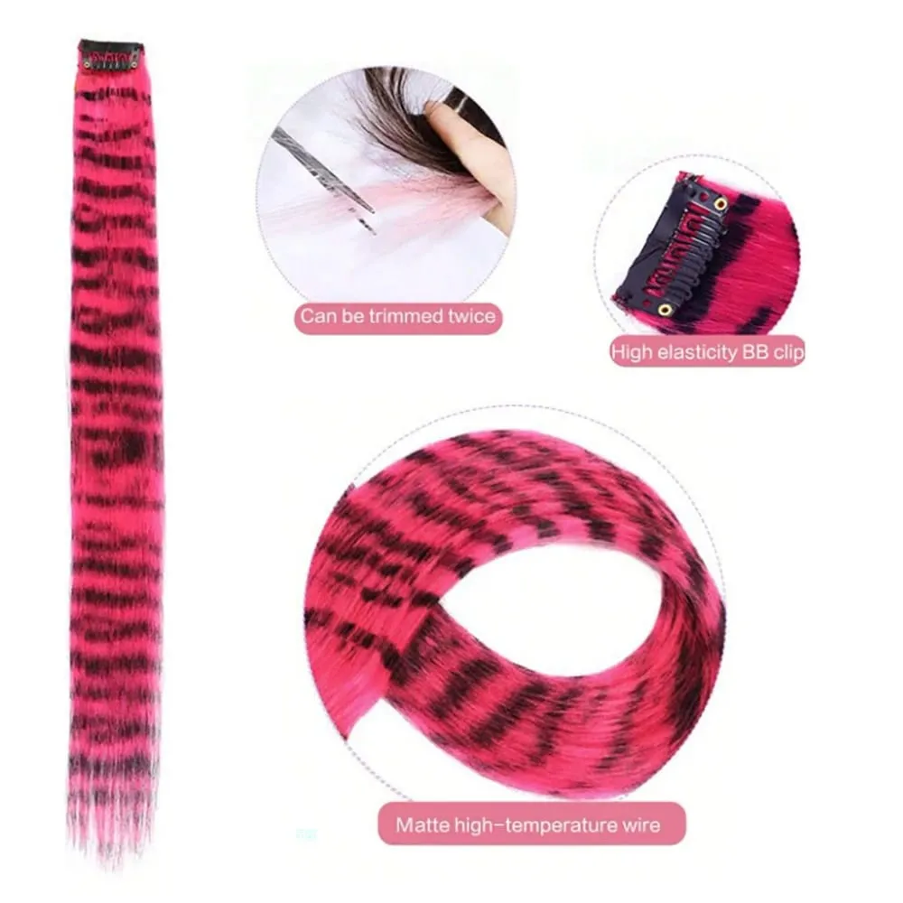 18' 7 Pcs Rainbow Long Straight Zebra Print Synthetic Feather Clip in Hair Extensions for Women Ideal Halloween Christmas