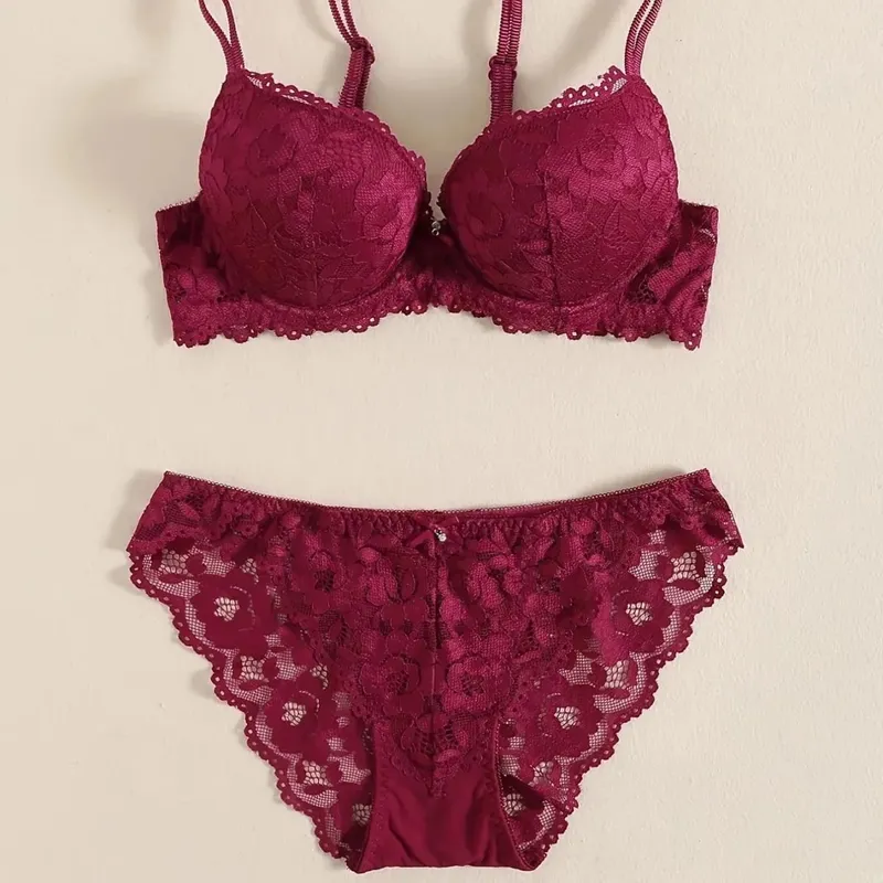 1 Set Elegant Lace Embroidery & Breathable Fabric Lingerie Set: Push-Up Bra Drop Waist Sheer Panty - Ultimate Valentine's Day — image 2