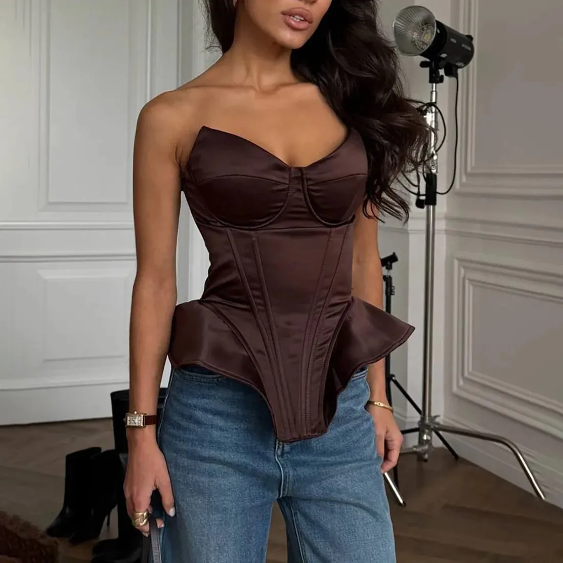 Sexy Fishbone Strapless Short Top Lady Chic Sleeveless Off-shoulder Backless Waist Cinching Blouse Women Vacation Party Tops