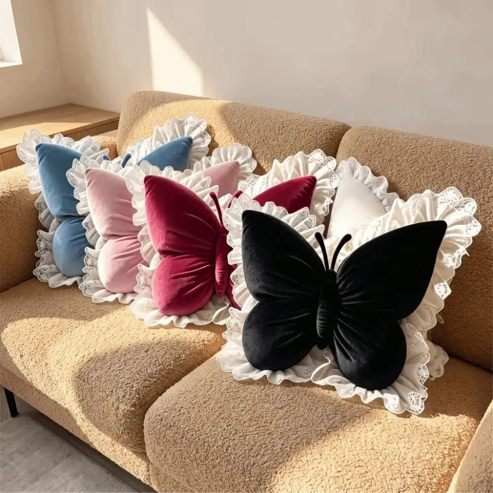 Home Decor Velvet Butterfly Plush Office Pillow Lace Trim Plush Bow Plush Cushion New Cute Bow Throw Pillow Car — image 5