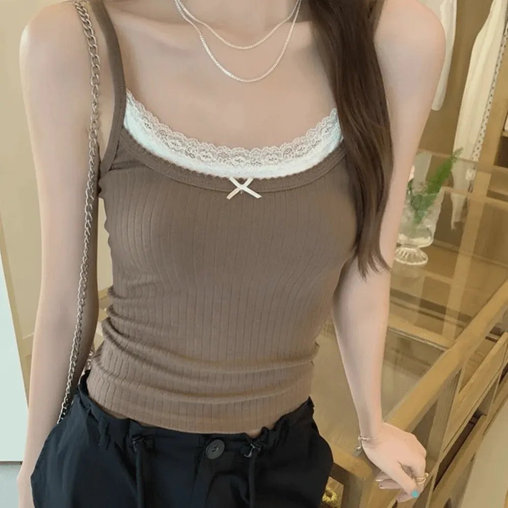 Cute Ribbed Knit Lace Cami Top Spaghetti Straps Bow Accent Ribbed Camisole Solid Color Slim Fit Bralette Top Inner Layer — image 11