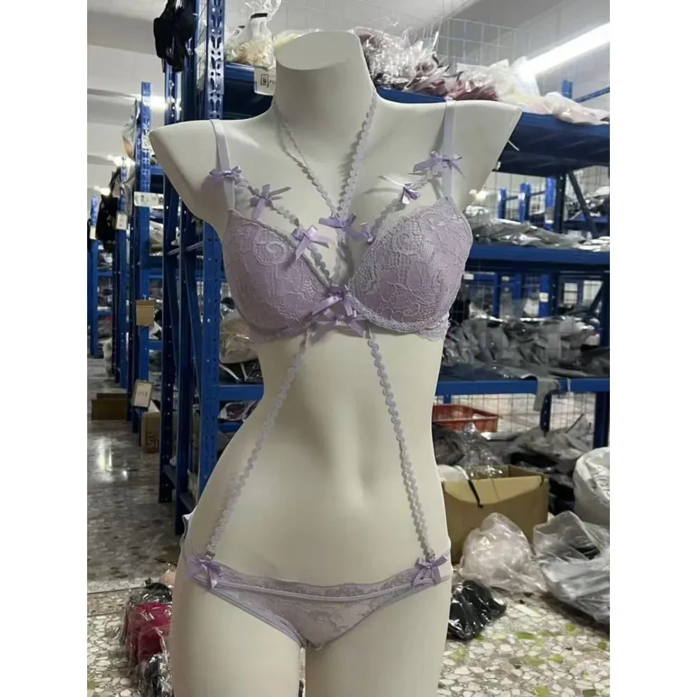 セクシーな BANERDANNI Bowknot Purple Underwear Set Thin Shoulder Strap Comfort Pure Look Women Intimate Lingerie 32-38 Daily Clothing