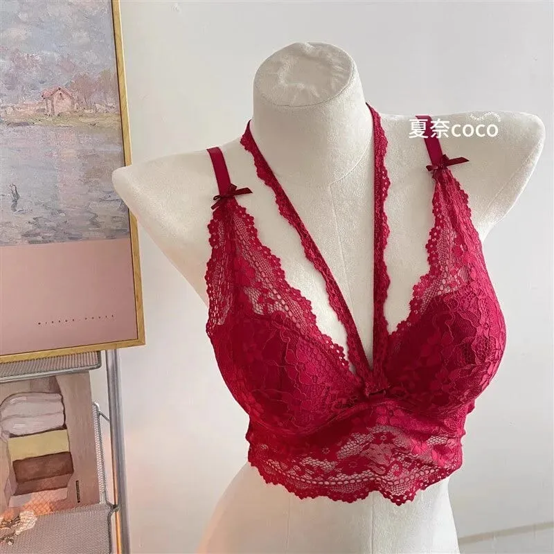 French Lace Wide Strap Thick Top Inner Lace Layer No Underwire Bra Set Petite Women Small Bust Comfort Lingerie Set 32-38 S-XL — image 3