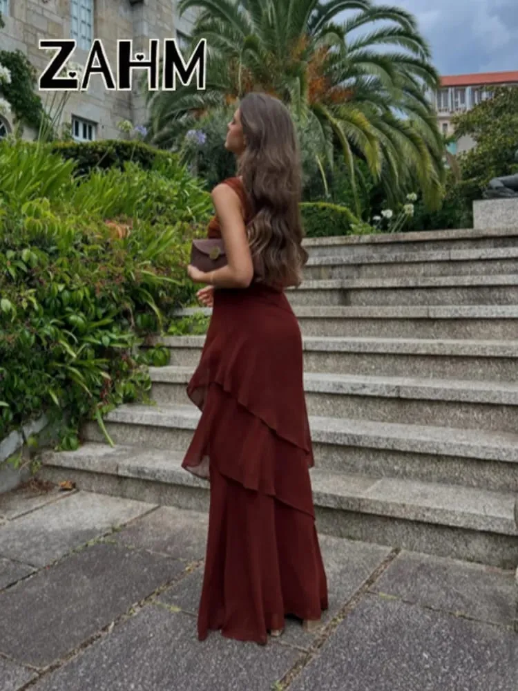 Elegant Patchwork Women's Dress Sleeveless Cascading Ruffle Skew-Collar Lady Long Dresses 2026 Summer Chic Female Vacation Robe — image 1
