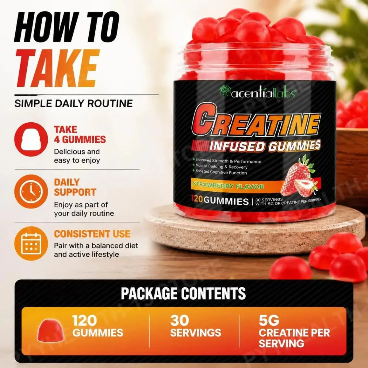 Acentilabs Creatine Monohydrate Gummies for Strength and Performance Muscle Building and Recovery Strawberry 120 Gummies