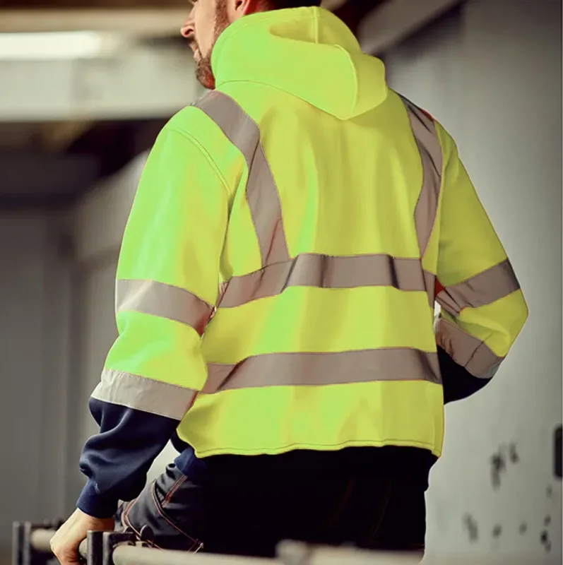 Reflective Work Safety Men Hoodies Drawstring Loose Zipper Jacket Autumn Thin Fleece Hooded Pullover Coat Casual Work Sweatshirt