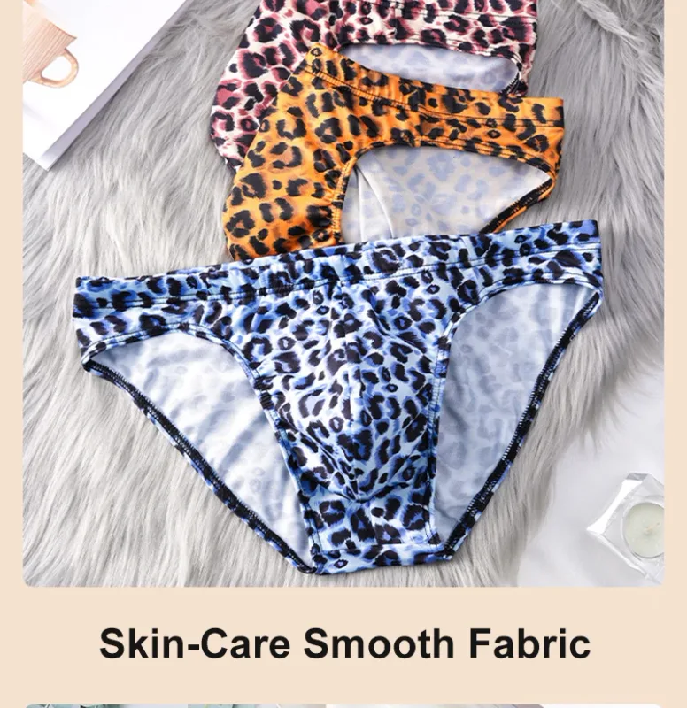 Men's Mid Waist Underwear Sexy Ice Silk Briefs Leopard Printed Breathable Underpants Male Soft Comfortable Panties Cueca Homme