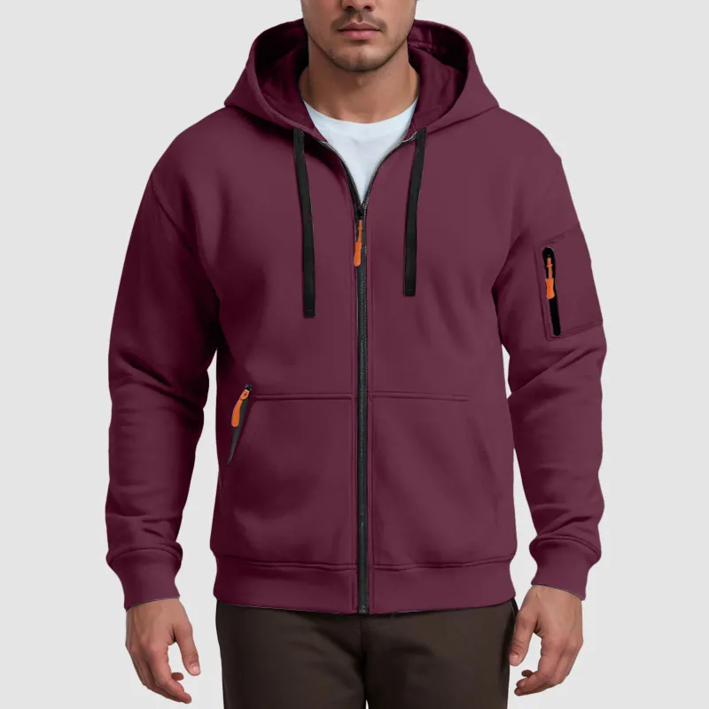 Men's Hoodies Solid Color Loose Zip Up Jacket Arm Zipper Pocket Hoodies Sand Hoodie Men — image 6