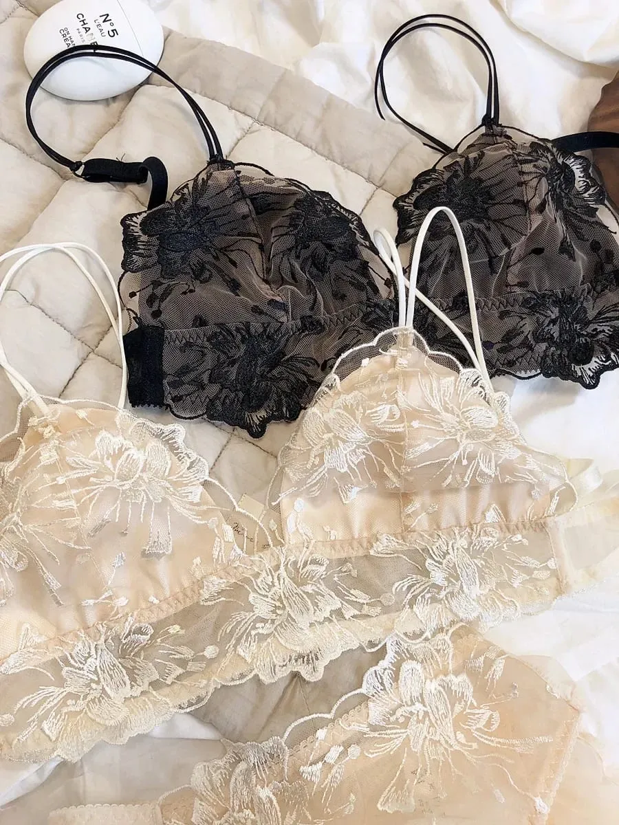 Conjunto de Bralette de encaje bordado, sujetador inalámbrico con copa triangular para pechos grandes, lencería ultrafina y transpirable