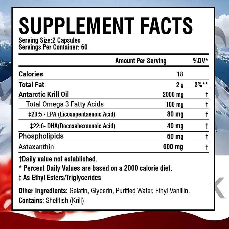 Antarctic Krill Oil 2000MG - Contains Astaxanthin Promotes Brain and Heart Health Antioxidant Metabolism and Boosts Immunity