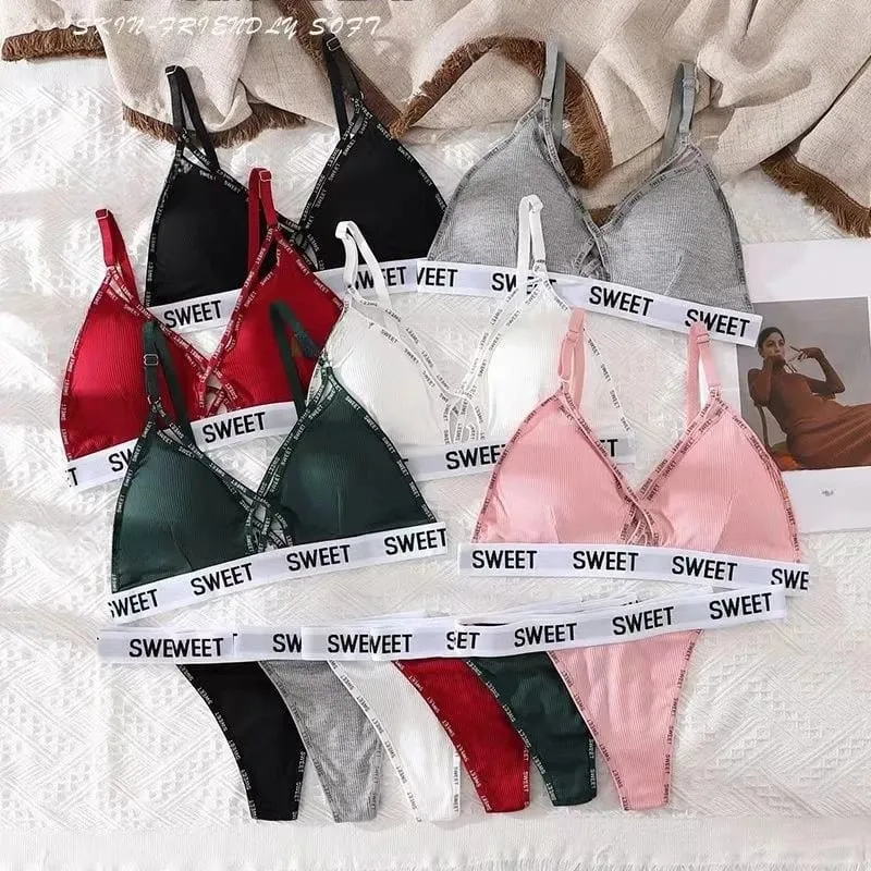 Women Padded Bra And Panties Set Front Cross Wireless Bra Low Rise G-string Female Letter Strap Underwear Sexy Lingerie Set — image 2