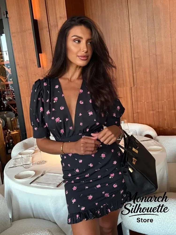 Chic Printed Slim Fit Mini Dress Women Elegant V-neck Puff Short Sleeves Waist Cinching Dresses 2026 Summer Lady Party Robes New — image 2