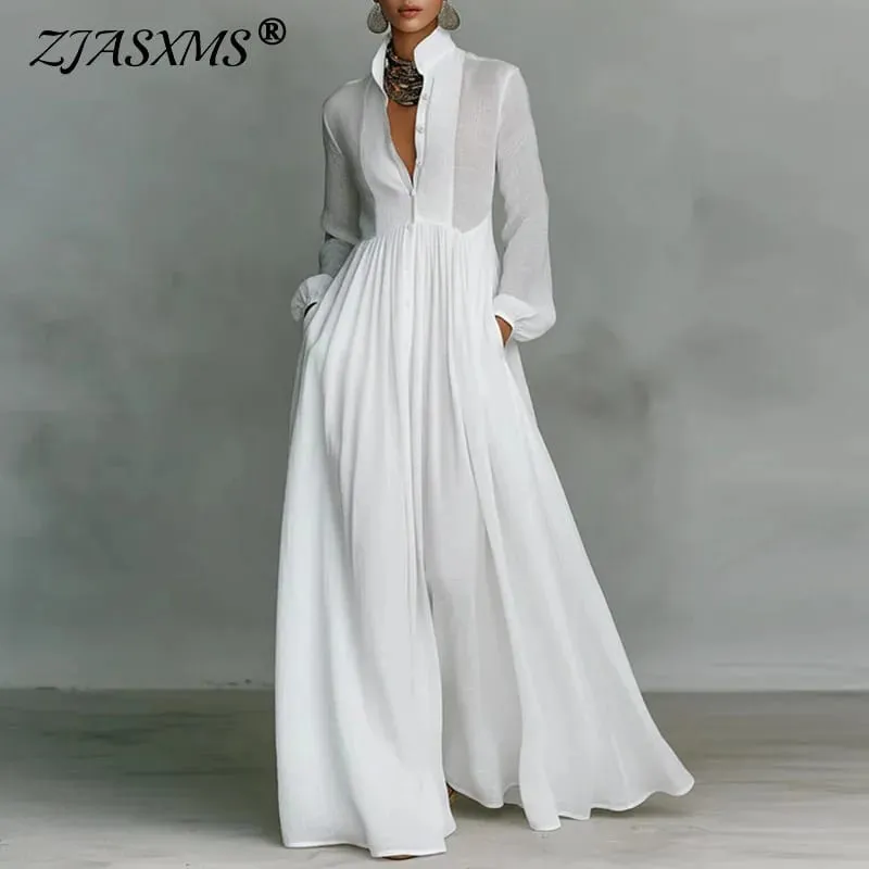 Francouzské elegantní swingové dlouhé šaty s vysokým pasem žena jarní plné kapsy plisované maxi šaty podzimní večerní šaty s dlouhým rukávem